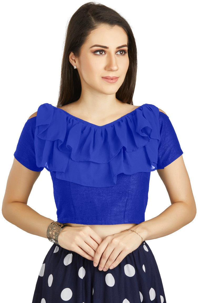 Aastha Fashion Royal Blue Art Silk V Neck Frill neck Work Readymade Blouse