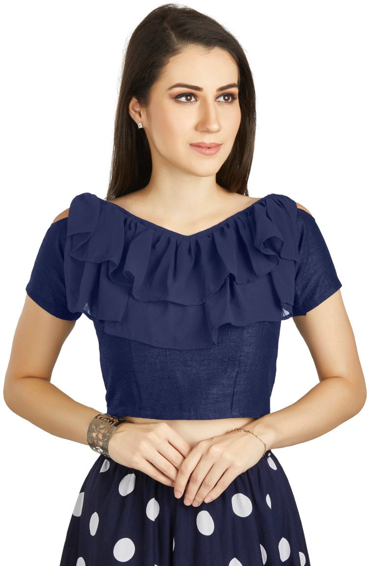 Aastha Fashion Navy Blue Art Silk V Neck Frill neck Work Readymade Blouse