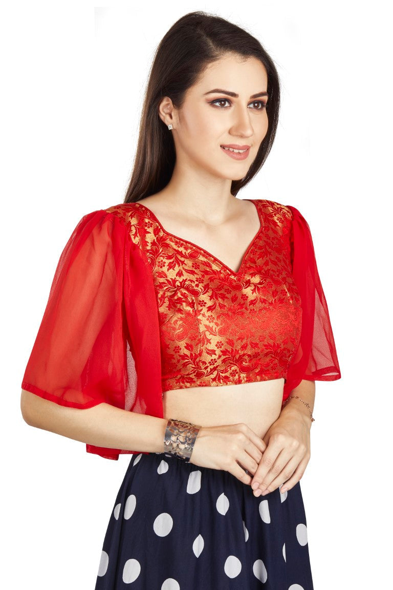 Aastha Fashion Red Brocade V Neck Pleated Frill In Sleeve Readymade Blouse