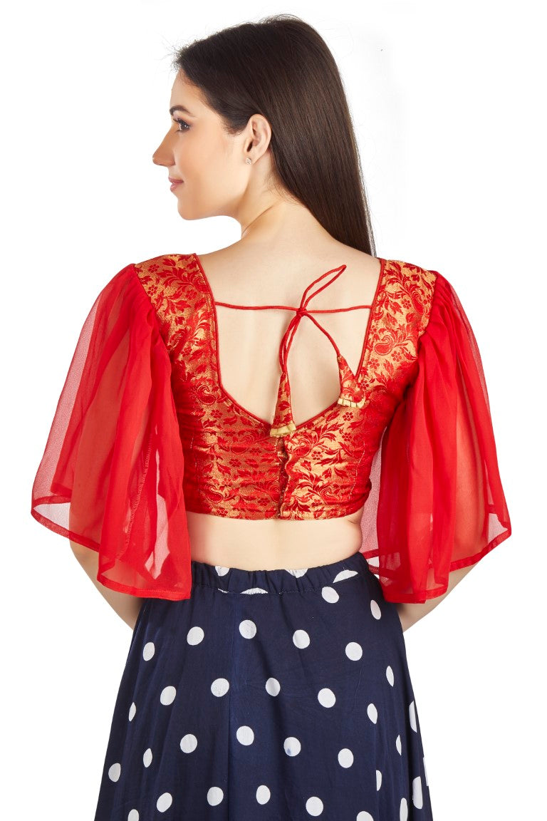 Aastha Fashion Red Brocade V Neck Pleated Frill In Sleeve Readymade Blouse