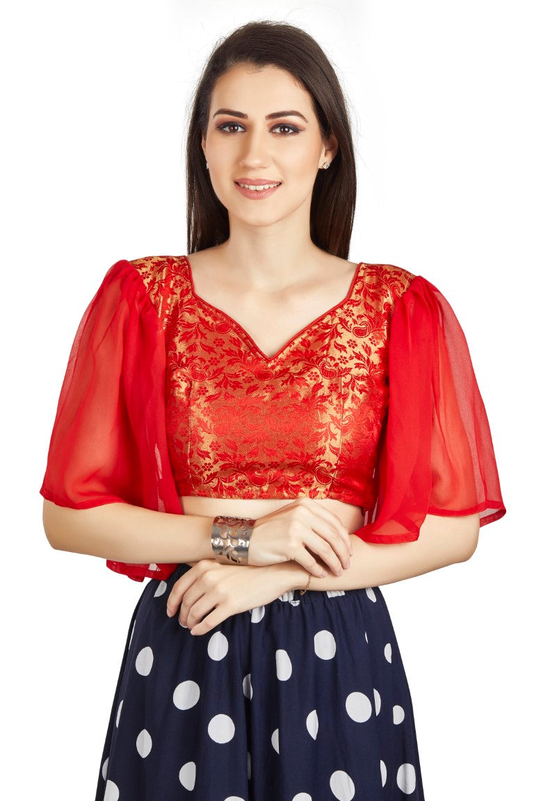 Aastha Fashion Red Brocade V Neck Pleated Frill In Sleeve Readymade Blouse