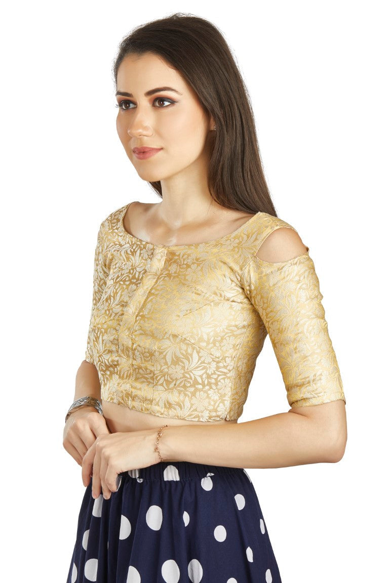 Aastha Fashion Beige Brocade Boat Neck Cold Sleeve Readymade Blouse