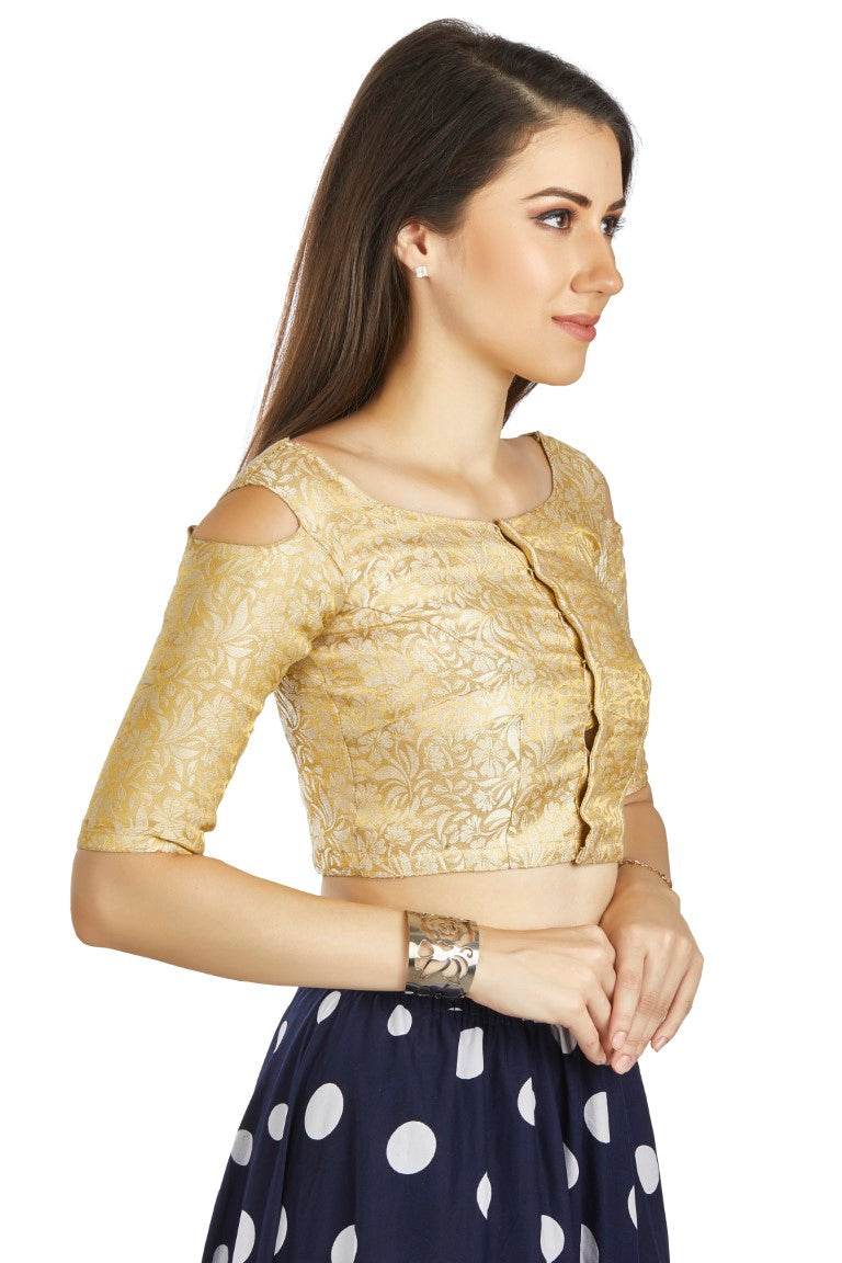 Aastha Fashion Beige Brocade Boat Neck Cold Sleeve Readymade Blouse