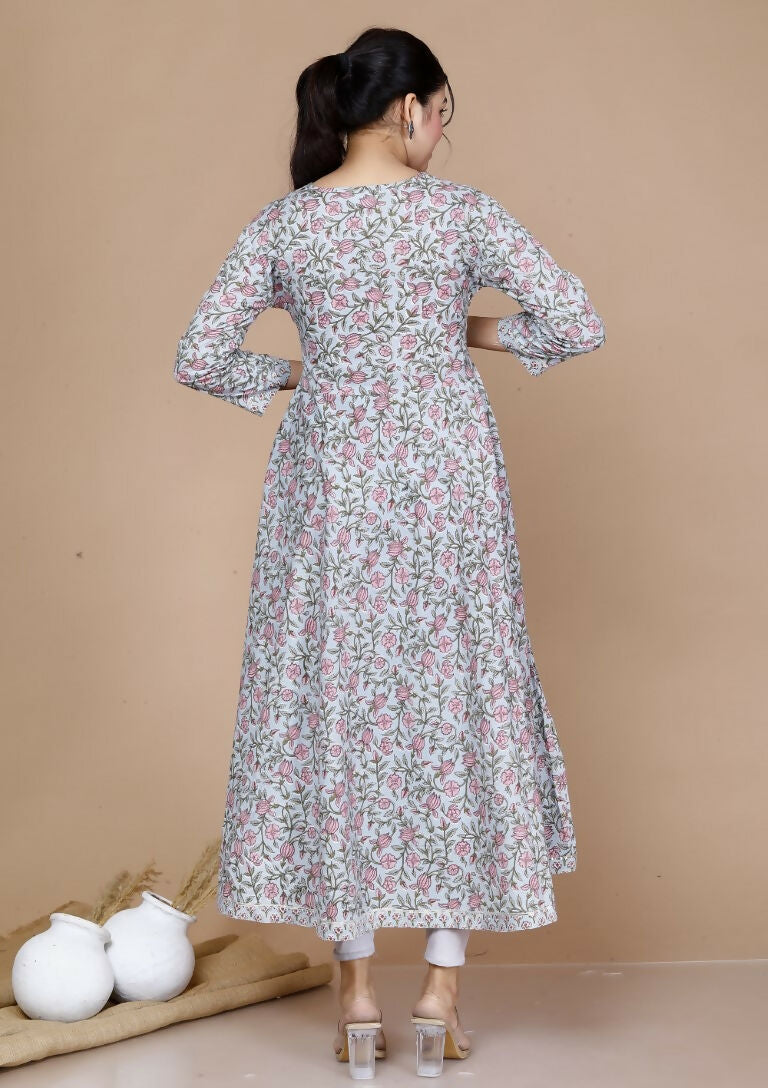 Miravan Women's Blue Printed With Gota Patti Work Anarkali Kurta With Dupatta
