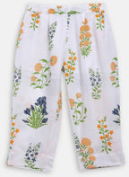 Ahalyaa White Cotton Straight Floral Printed Kids Kurta Pant Sets With Dupatta For Girls