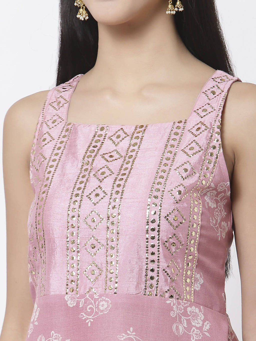 Myshka Women Peach Cotton Blend Printed Sleeveless Shoulder Straps Kurta With Sharara & Dupatta Set