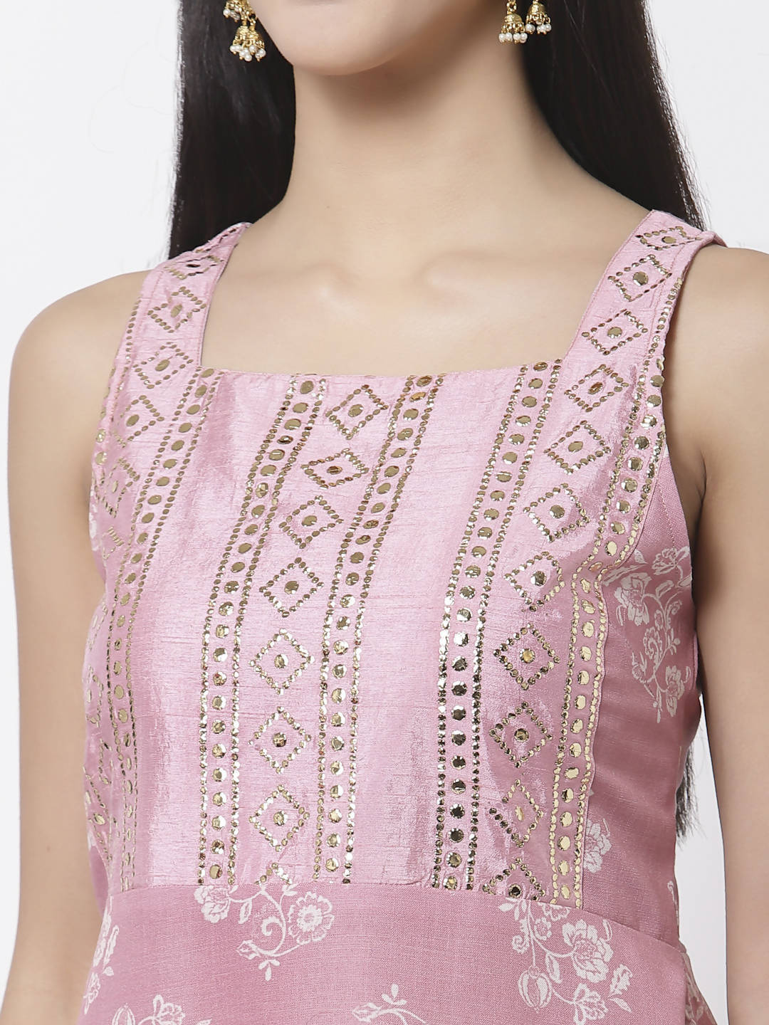 Myshka Women Peach Cotton Blend Printed Sleeveless Shoulder Straps Kurta With Sharara & Dupatta Set