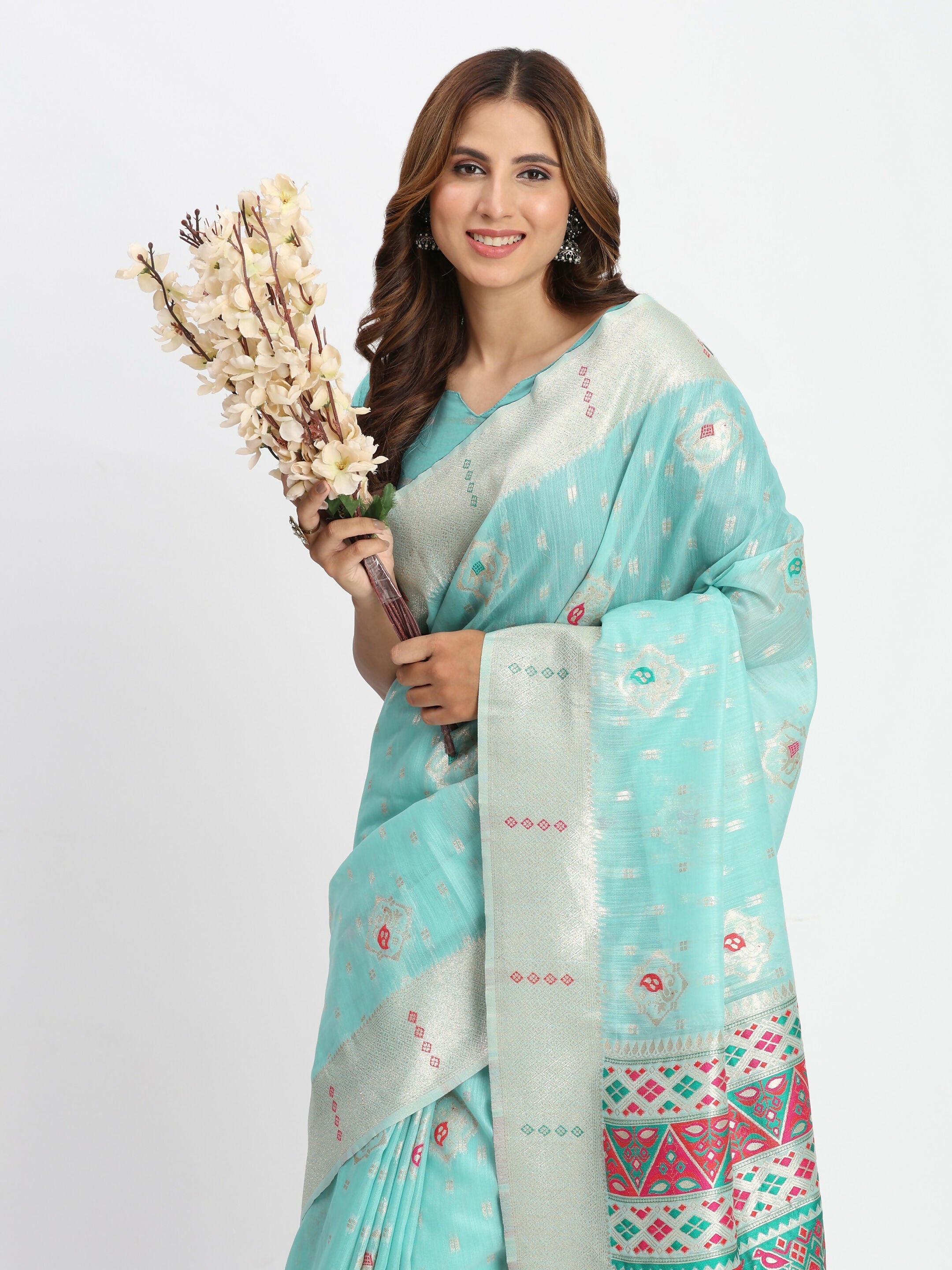 Shree Shyam Fashion Linen Cotton Sea Green Saree - Distacart