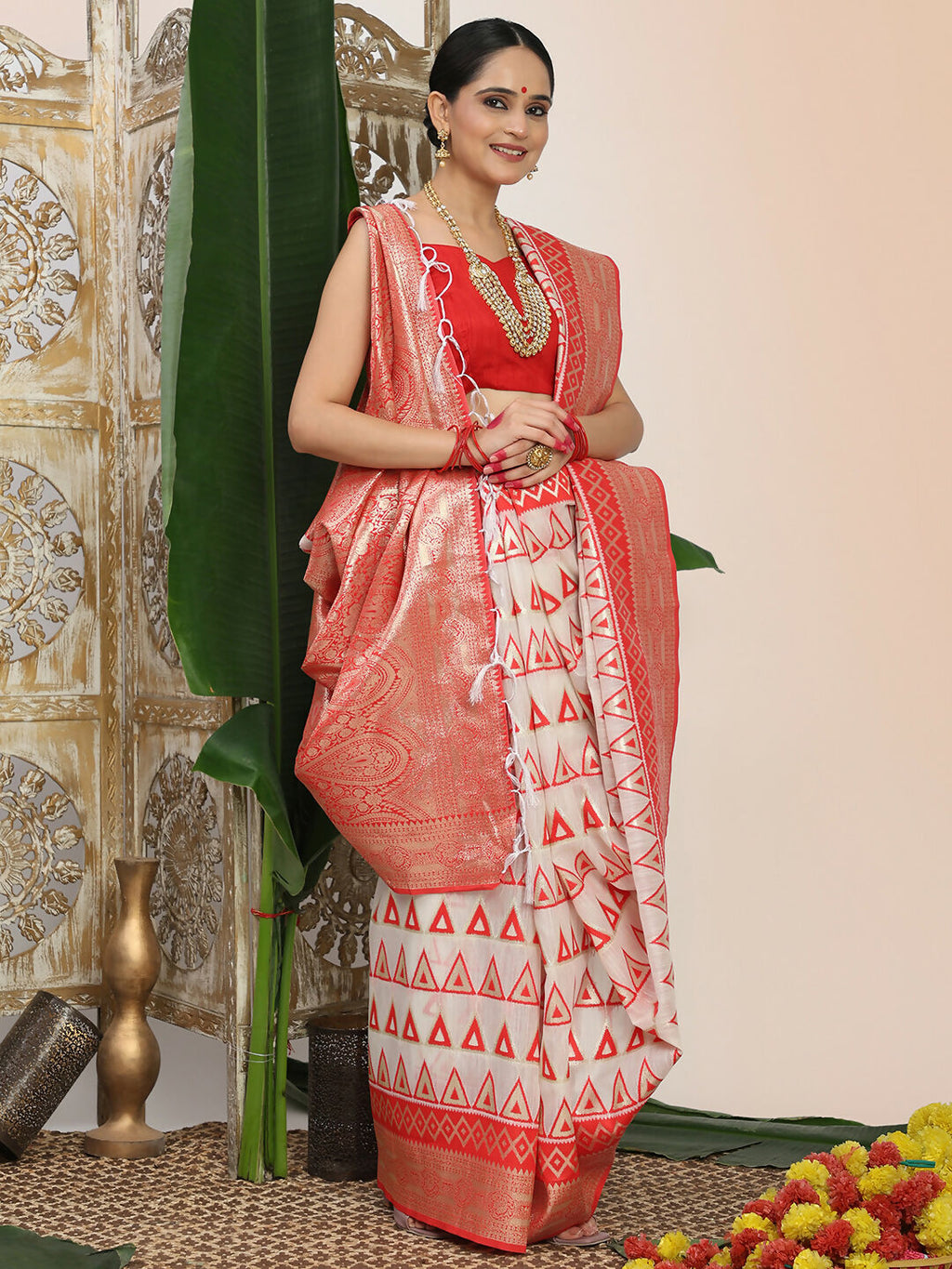 Shree Shyam Fashion Linen Cotton Red & White Saree - Distacart