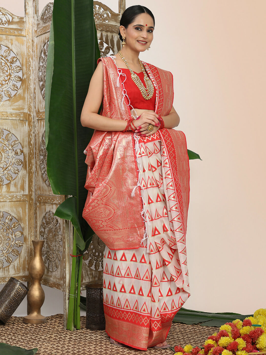 Shree Shyam Fashion Linen Cotton Red & White Saree - Distacart