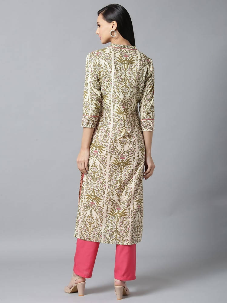 Yufta Women Cream & Pink Printed Kurta with Trouser