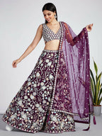 House of Panchhi Burgundy Net heavy Sequinse embroidery Semi-Stitched Lehenga choli & Dupatta