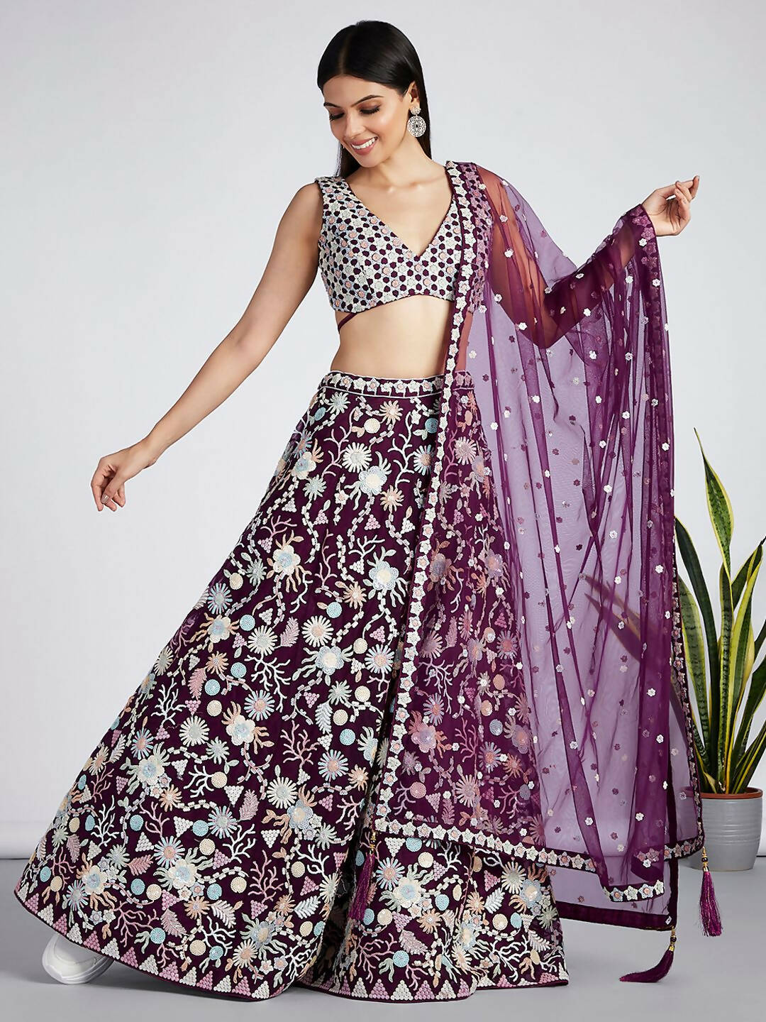 House of Panchhi Burgundy Net heavy Sequinse embroidery Semi-Stitched Lehenga choli & Dupatta