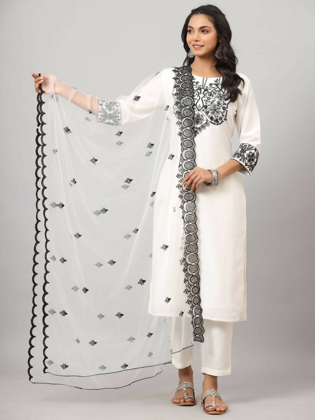 Juniper Women's White Chinnon Solid Embroidered Kurta Set - Distacart