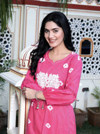 Miravan Women's Jaipuri Moti And Chikan Embroidered & Lace Embellished Pink Bandhani Printed Palazzo Set