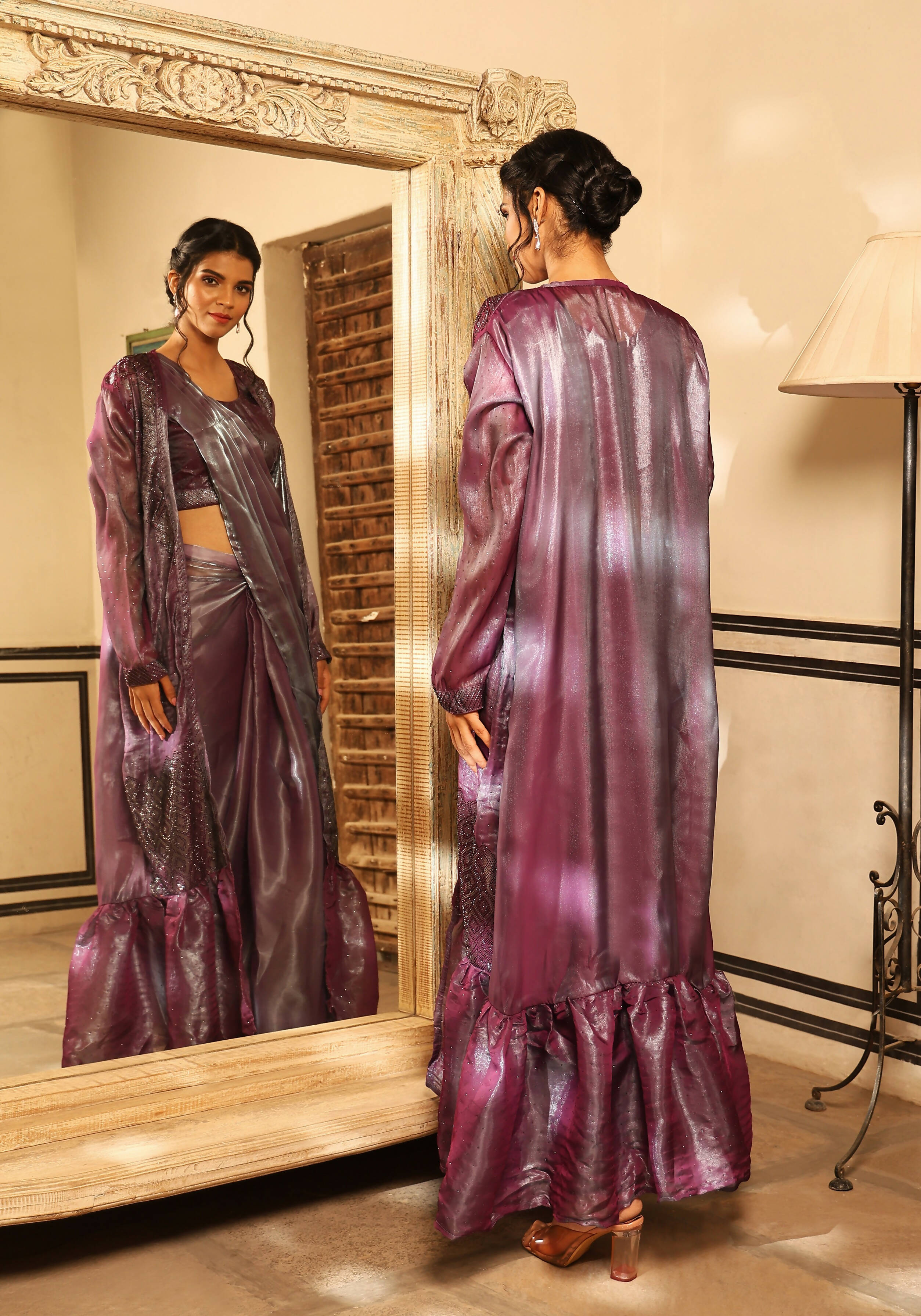 Lavender Tom Silk Plain Ready To Wear Saree With Stitched Blouse - Satiksha