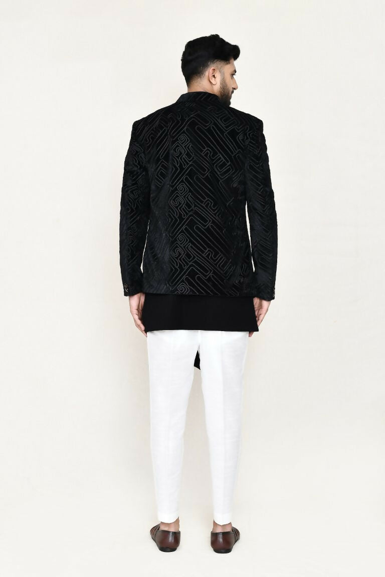 Joban Fashion Black Colored Velvet Based With Full Embroidered Fabric Open Jacket, Indo Western With Pant