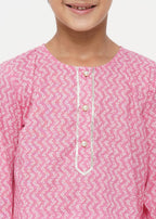 Little Bansi Boys Cotton Jaipuri Kurta with Pearl Buttons & Pyjama -Pink & Cream