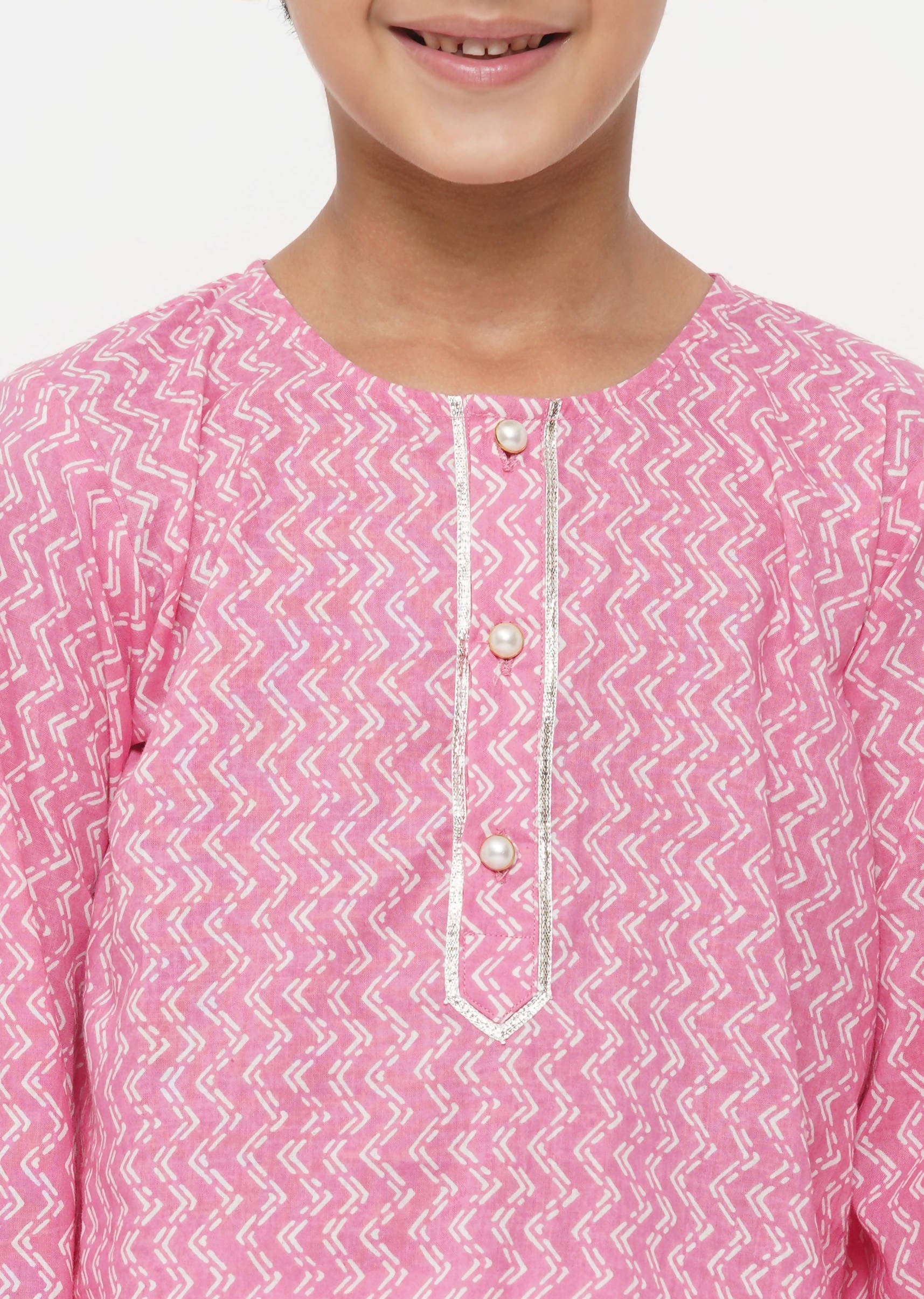 Little Bansi Boys Cotton Jaipuri Kurta with Pearl Buttons & Pyjama -Pink & Cream