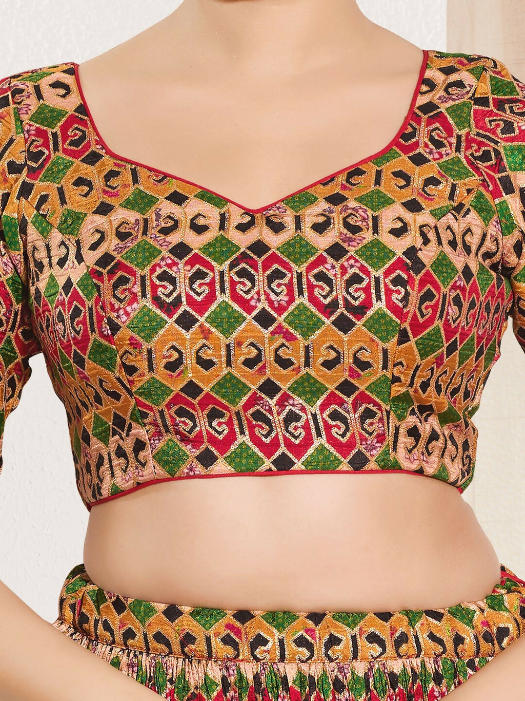 Joban Fashion Red Brocade Padded Blouse With Sweetheart Neck Elbow Sleeves - Distacart