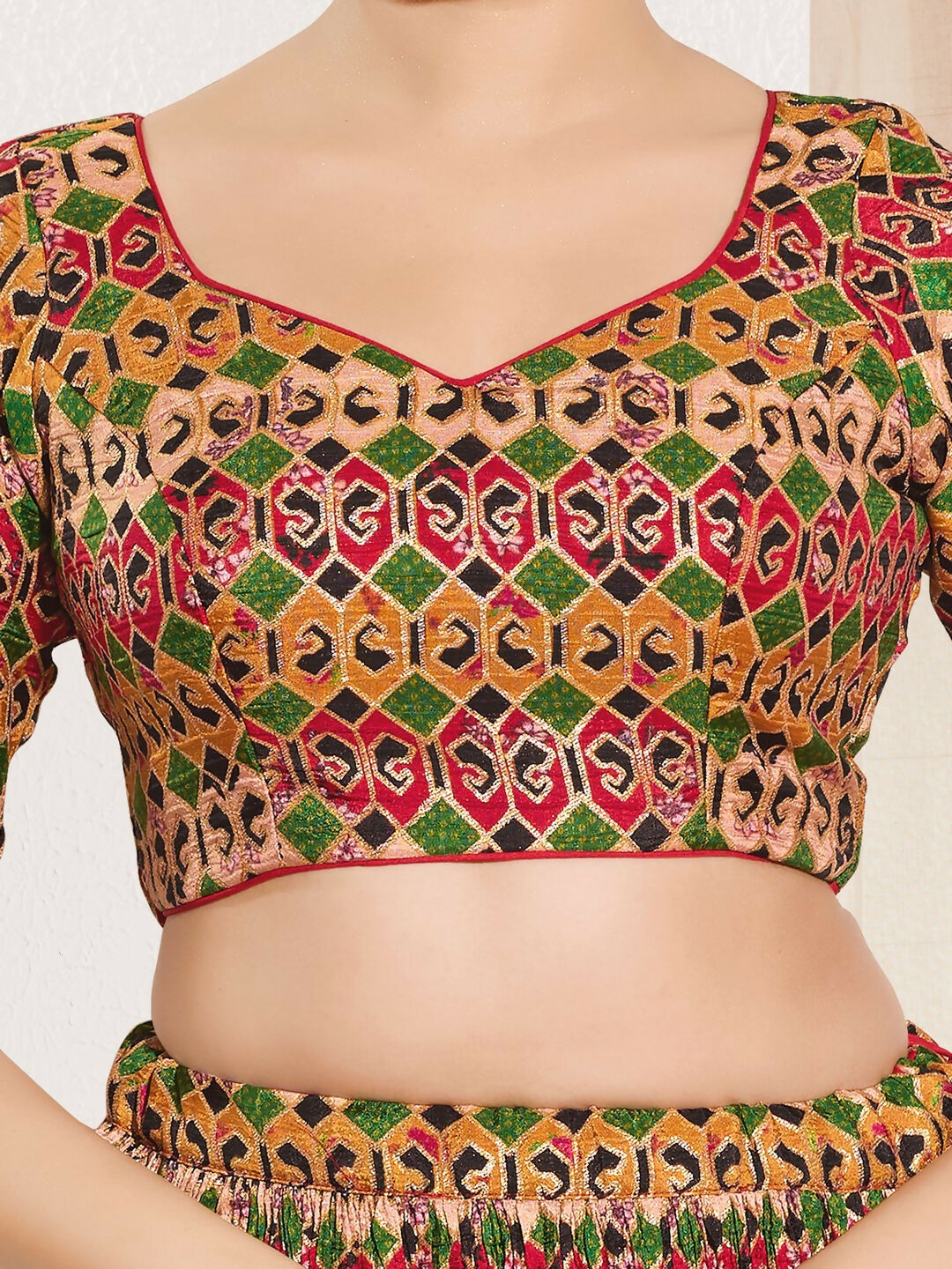 Joban Fashion Red Brocade Padded Blouse With Sweetheart Neck Elbow Sleeves - Distacart