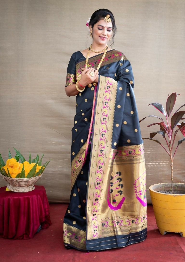 Jyoti Fashion Women's Black Paithani Silk Zari Woven Saree with Blouse - Distacart