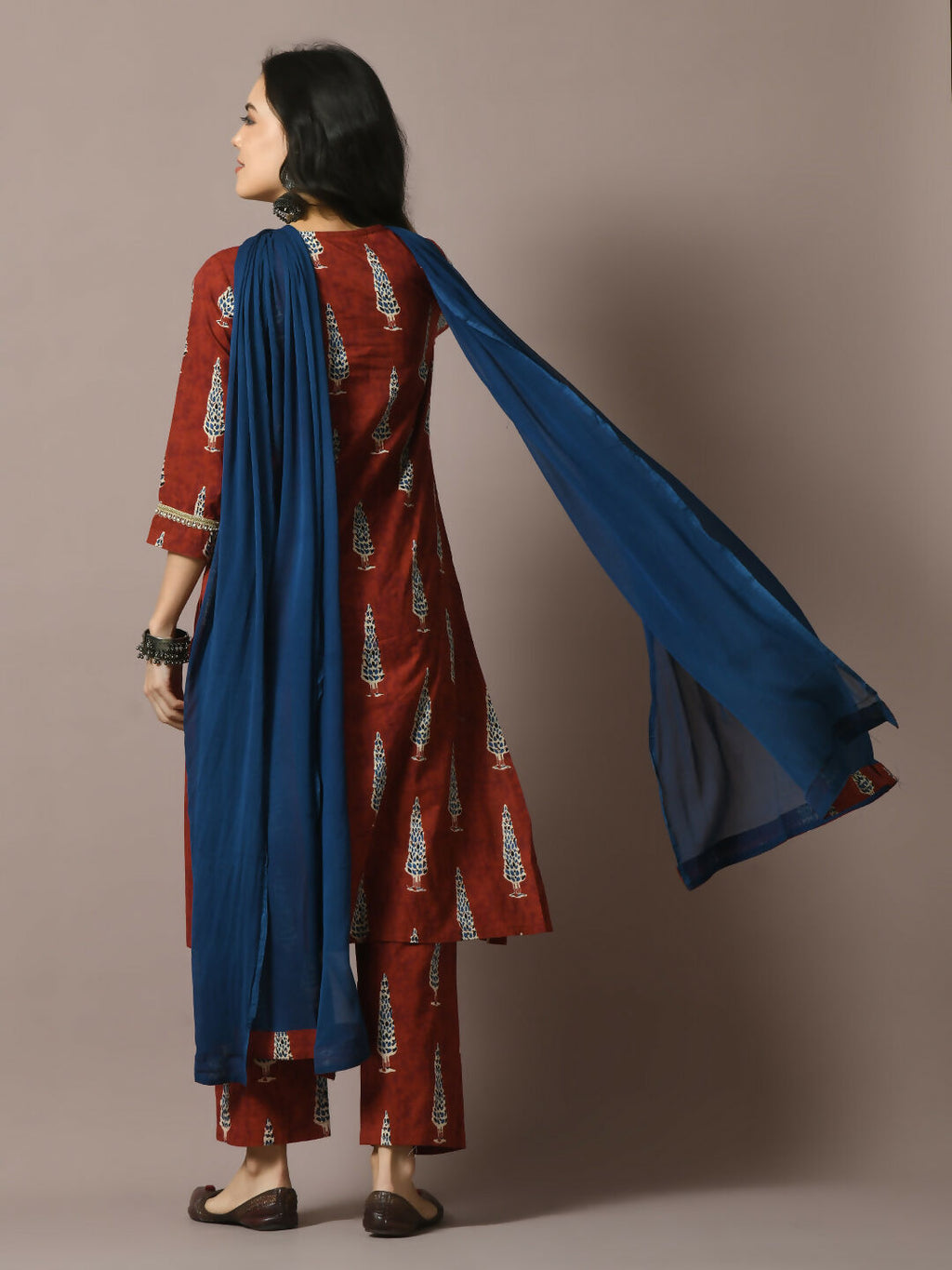 Myshka Women's Rust Printed Cotton Straight Party Kurta Set With Dupatta