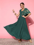 Ahalyaa Gorgeous Green Ethnic Motifs Ruffled Dress - Distacart