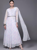 Ahalyaa Women Blue & White Floral Fit & Flare Maxi Ethnic Dress - Distacart