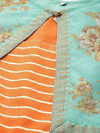 Ahalyaa Orange & Sea Green Striped Maxi Dress with Ethnic Jacket
