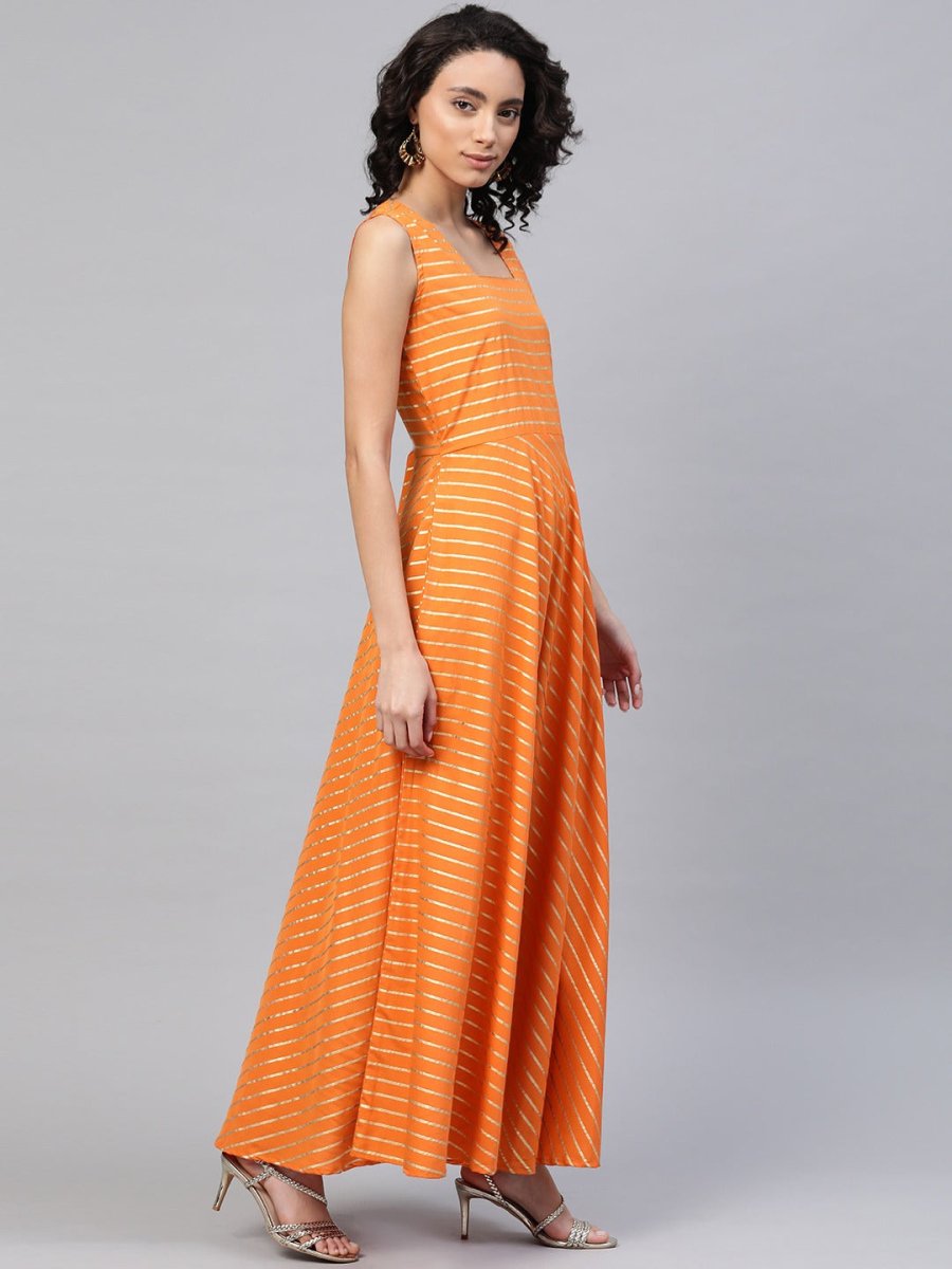 Ahalyaa Orange & Sea Green Striped Maxi Dress with Ethnic Jacket