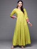 Ahalyaa Women Lime Yellow & Pink Printed Pleated A-Line Maxi Velvet Ethnic Dress - Distacart