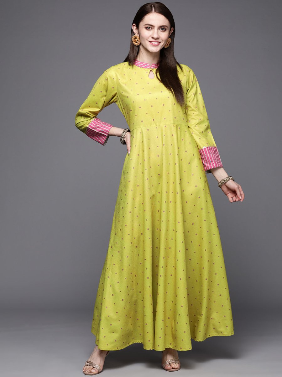 Ahalyaa Women Lime Yellow & Pink Printed Pleated A-Line Maxi Velvet Ethnic Dress - Distacart