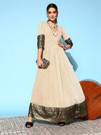 Ahalyaa Women Cream-coloured & Bronze Printed Gotta Patti Chiffon Ethnic Dress - Distacart