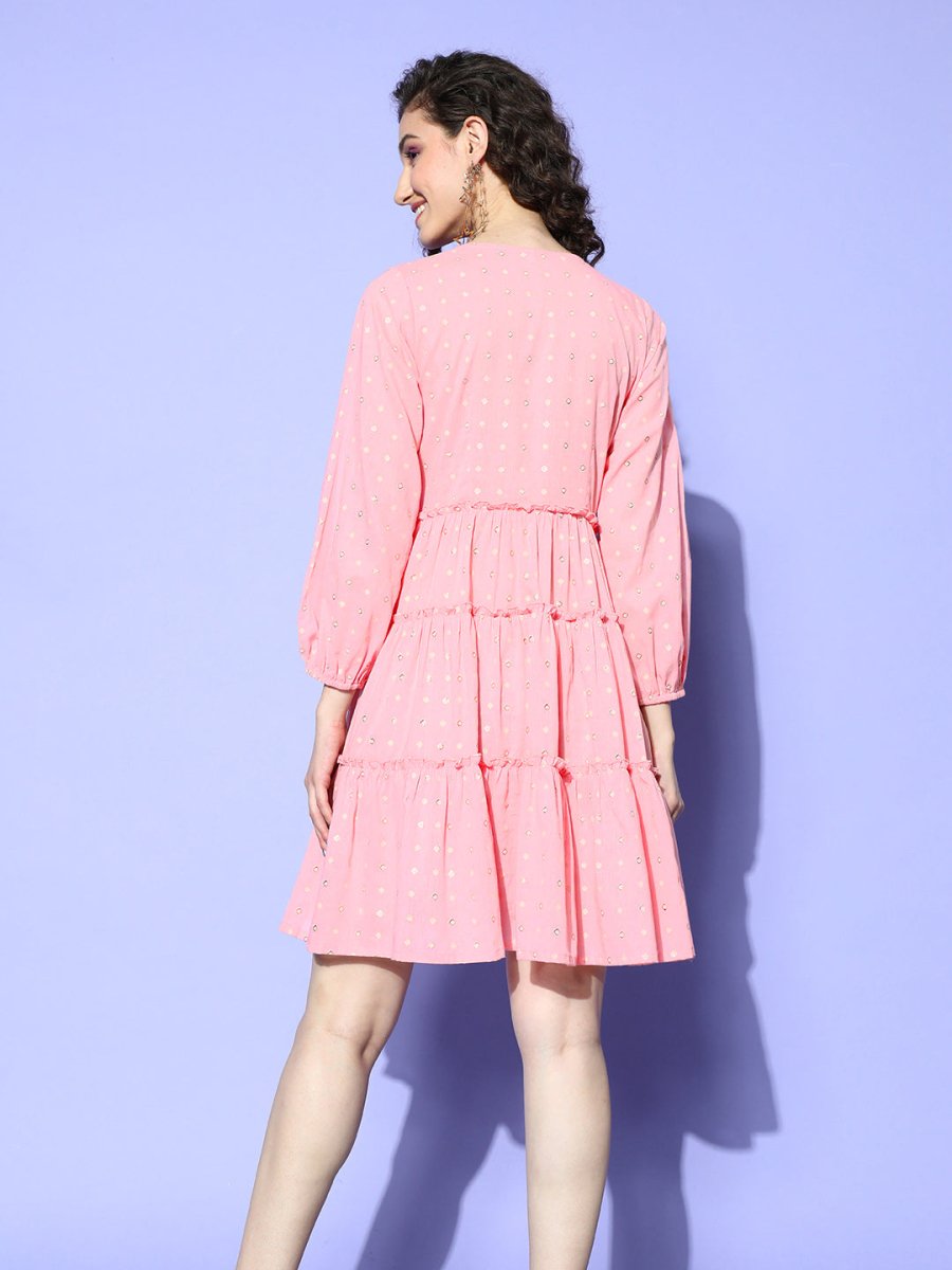 Ahalyaa Pink & Beige Geometric Print Puff Sleeves Ethnic Dress - Distacart