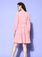 Ahalyaa Pink & Beige Geometric Print Puff Sleeves Ethnic Dress - Distacart
