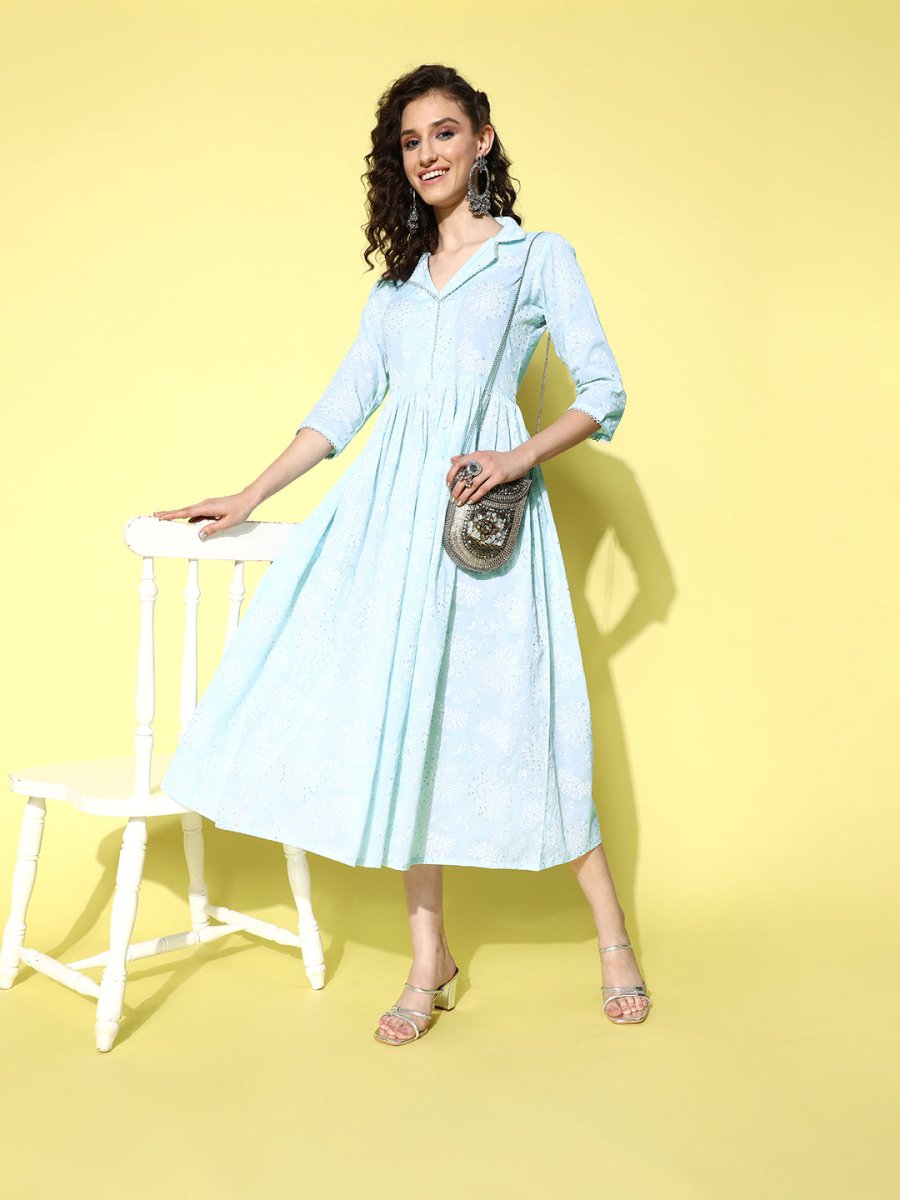 Ahalyaa Sea Green Floral Print Midi Ethnic Dress - Distacart