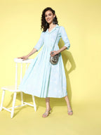 Ahalyaa Sea Green Floral Print Midi Ethnic Dress - Distacart
