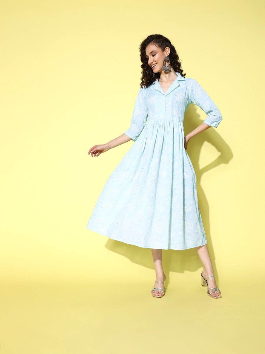 Ahalyaa Sea Green Floral Print Midi Ethnic Dress - Distacart