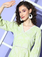 Ahalyaa Green & White Floral Print Puff Sleeves Ethnic Dress - Distacart
