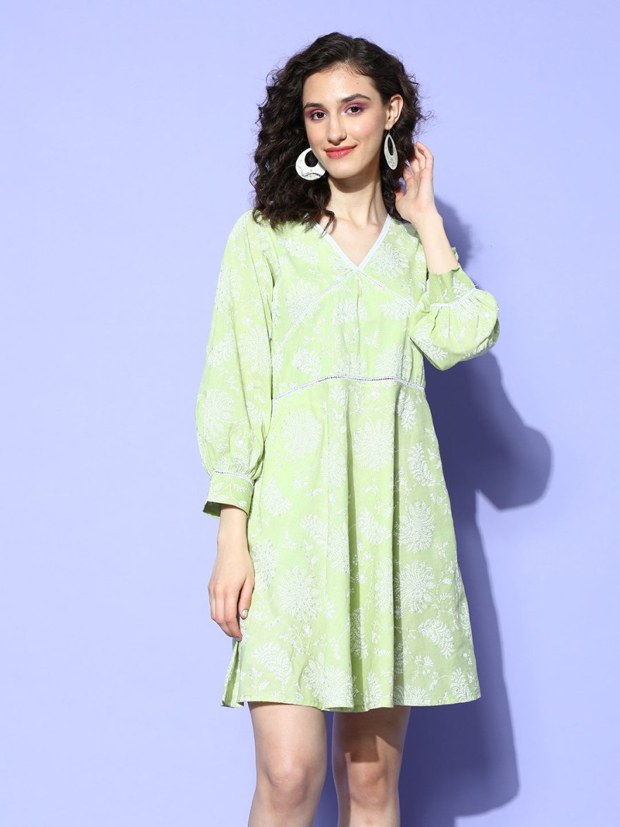 Ahalyaa Green & White Floral Print Puff Sleeves Ethnic Dress - Distacart