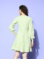 Ahalyaa Green & White Floral Print Puff Sleeves Ethnic Dress - Distacart