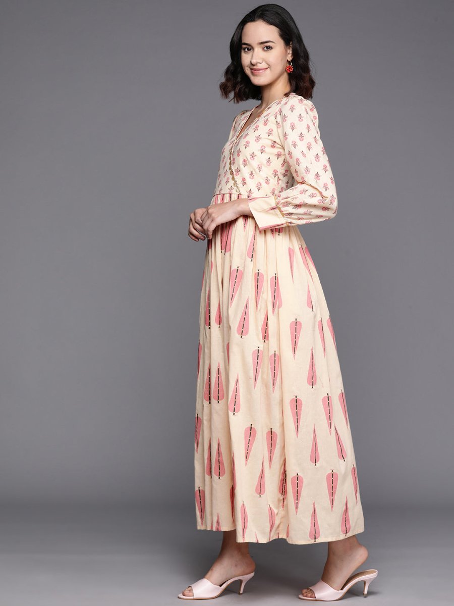 Ahalyaa Floral Print Puff Sleeves Maxi Ethnic Dress - Distacart
