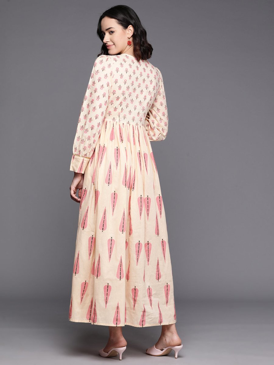 Ahalyaa Floral Print Puff Sleeves Maxi Ethnic Dress - Distacart
