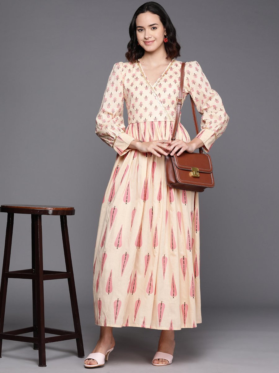 Ahalyaa Floral Print Puff Sleeves Maxi Ethnic Dress - Distacart