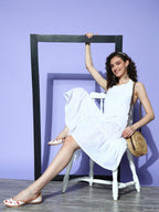 Ahalyaa White Floral Printed Halter Neck Tiered Ethnic Dress - Distacart