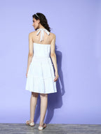 Ahalyaa White Floral Printed Halter Neck Tiered Ethnic Dress - Distacart