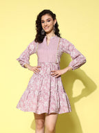 Ahalyaa Mauve & White Floral Print Puff Sleeves Ethnic Dress - Distacart