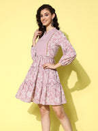 Ahalyaa Mauve & White Floral Print Puff Sleeves Ethnic Dress - Distacart
