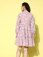 Ahalyaa Mauve & White Floral Print Puff Sleeves Ethnic Dress - Distacart